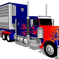 Blue And Red Semi Truck With Flame Decals And Logo On Cab And Trailer