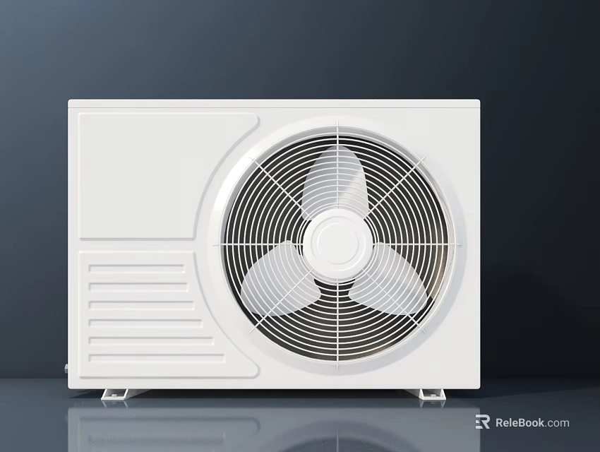 White Air Conditioner Fan Round Grille Design With Side Ventilation Holes On Dark Reflective Background 3d model 