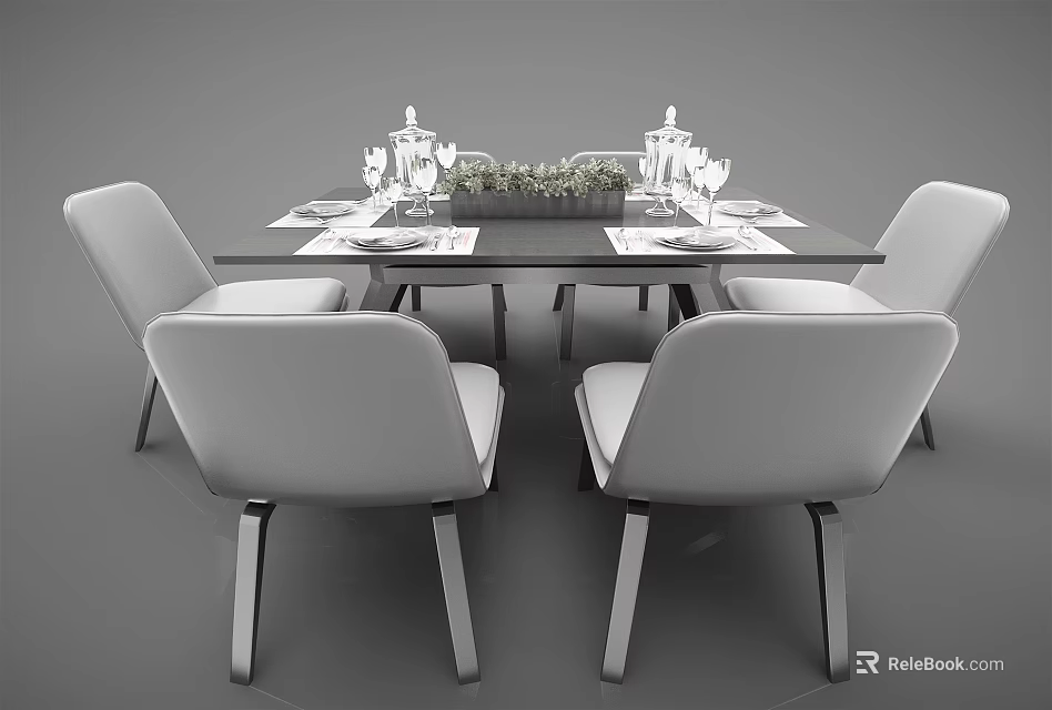 Modern Dining Table Set With Four Chairs Tableware And Green Plant Centerpiece 3d model