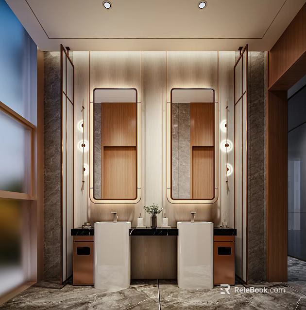 Modern Hotel Bathroom Interior With Double Vanities And Sconce Lights 3d model