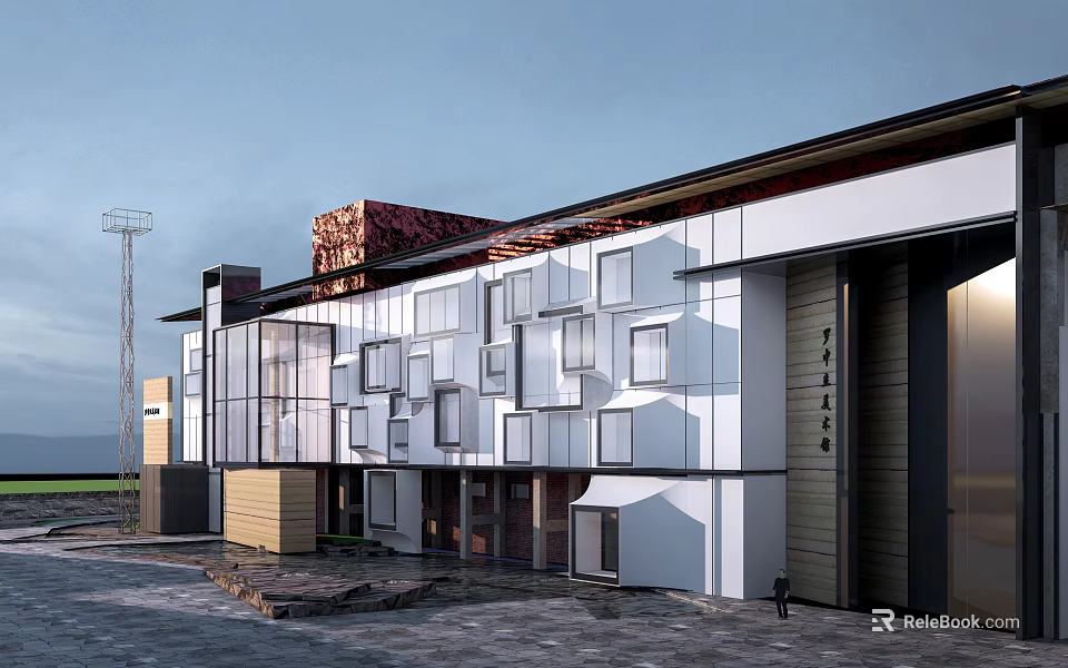 Modern Commercial Complex With Geometric Facade Glass Curtain Walls And Mixed Material Exteriors 3d model 