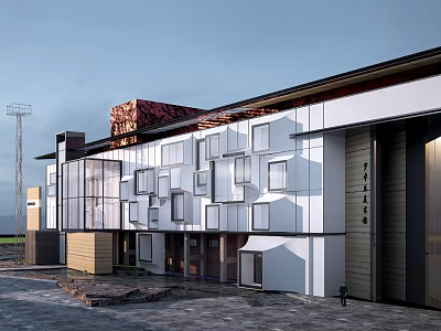 Modern Commercial Complex With Geometric Facade Glass Curtain Walls And Mixed Material Exteriors 3d model