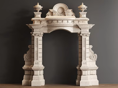 Classical Carved Stone Door Arch With Decorative Columns And Top Ornamentation 3d model