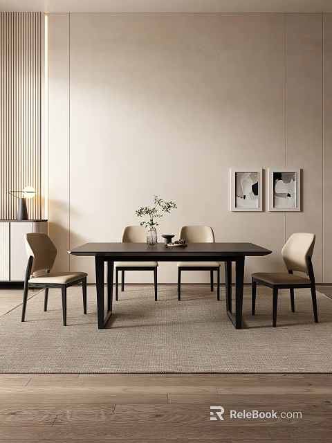Modern Minimalist Dining Table Set with Dark Wood Table and Beige Chairs in Contemporary Interior 3d model 