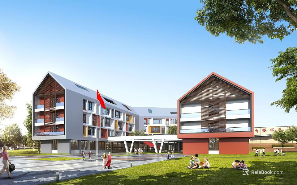 Modern School Building With Red Gray Exterior Red Flag Green Lawn Trees And Students Playing 3d model 