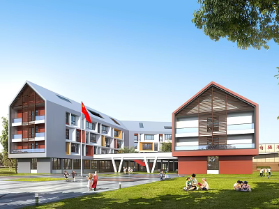 Modern School Building With Red Gray Exterior Red Flag Green Lawn Trees And Students Playing 3d model