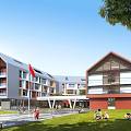 Modern School Building With Red Gray Exterior Red Flag Green Lawn Trees And Students Playing