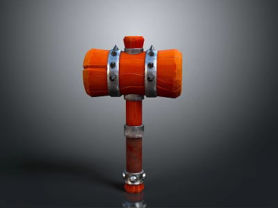 3D Model of Orange Hammer with Silver Metal Rings and Wooden Handle 3d model