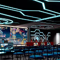 Modern Tech Style Interior With Blue Neon Geometric Ceiling Chairs Tables Bar Counter And Screen