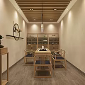 Modern Chinese Style Shop Front Desk With Wooden Walls Circular Decor And Marble Countertop