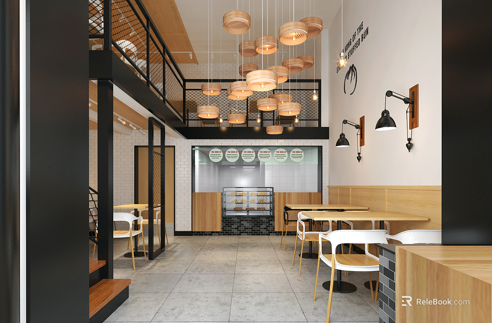 Modern Restaurant Interior Design With Wooden Pendant Lights Comfortable Tables And Open Space 3d model 