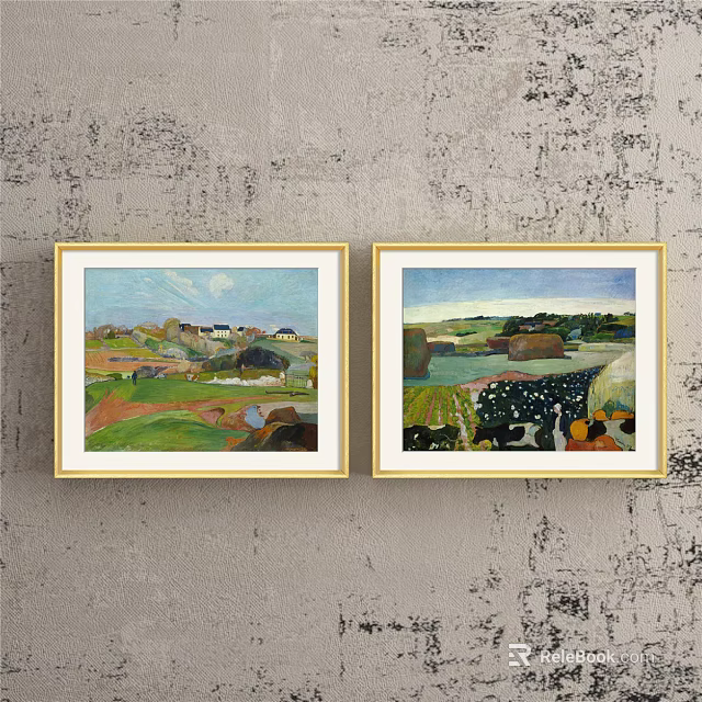 Two Landscape Paintings In Golden Frames Hung On Gray Textured Wall With Natural Scenery 3d model 