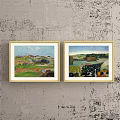 Two Landscape Paintings In Golden Frames Hung On Gray Textured Wall With Natural Scenery