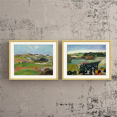Two Landscape Paintings In Golden Frames Hung On Gray Textured Wall With Natural Scenery 3d model