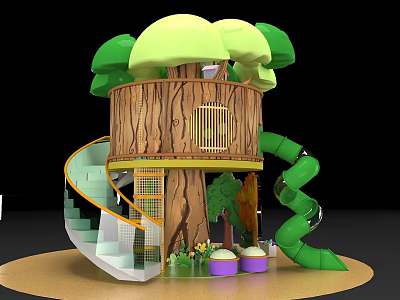 Kids Playground Wooden Treehouse With Green Mushroom Roof Spiral Slide And Stairs 3d model