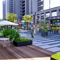 Vibrant Commercial Pedestrian Street With Buildings Greenery Shops Outdoor Seating And Umbrellas
