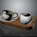 Decorative White Teacup And Milk Jug With Gold Trim On Wooden Tray Including Silver Spoon
