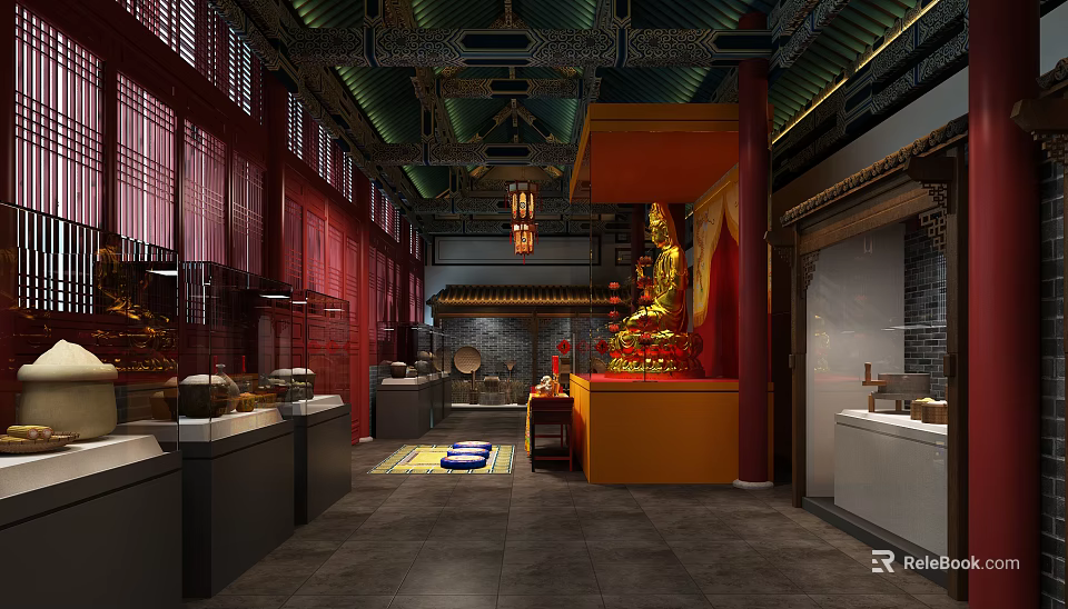 Cultural Center Traditional Interior Featuring Golden Buddha Statue Hanging Lanterns Red Curtains And Display Cabinets 3d model 