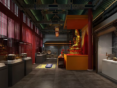 Cultural Center Traditional Interior Featuring Golden Buddha Statue Hanging Lanterns Red Curtains And Display Cabinets 3d model