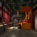 Cultural Center Traditional Interior Featuring Golden Buddha Statue Hanging Lanterns Red Curtains And Display Cabinets