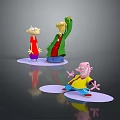 Three Cartoon Characters And Small Animal In 3D Render With Various Poses And Bright Outfits