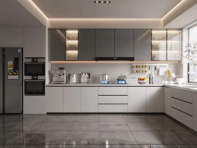 Modern Kitchen Interior Design With Gray Cabinets Island Counter Stainless Steel Appliances And Lighting 3d model