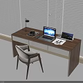 Wooden Desk with Laptop Books and Table Lamp Near Light Colored Chair by Window Blinds