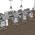 White Office Desk with Multiple Monitors Green Plants and Silver Chairs on Wooden Floor