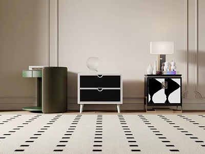 Stylish Modern Nightstands With Green Black White Design Drawers Lamp Decorative Items And Rug 3d model