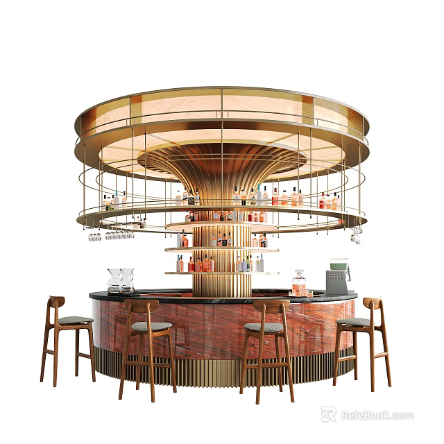 Elegant Round Bar Design With Gold Accents Wine Bottles Glassware And Bar Stools 3d model 