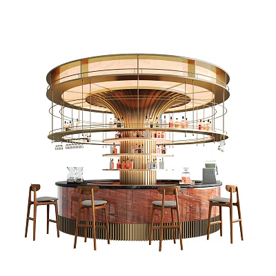 Elegant Round Bar Design With Gold Accents Wine Bottles Glassware And Bar Stools 3d model