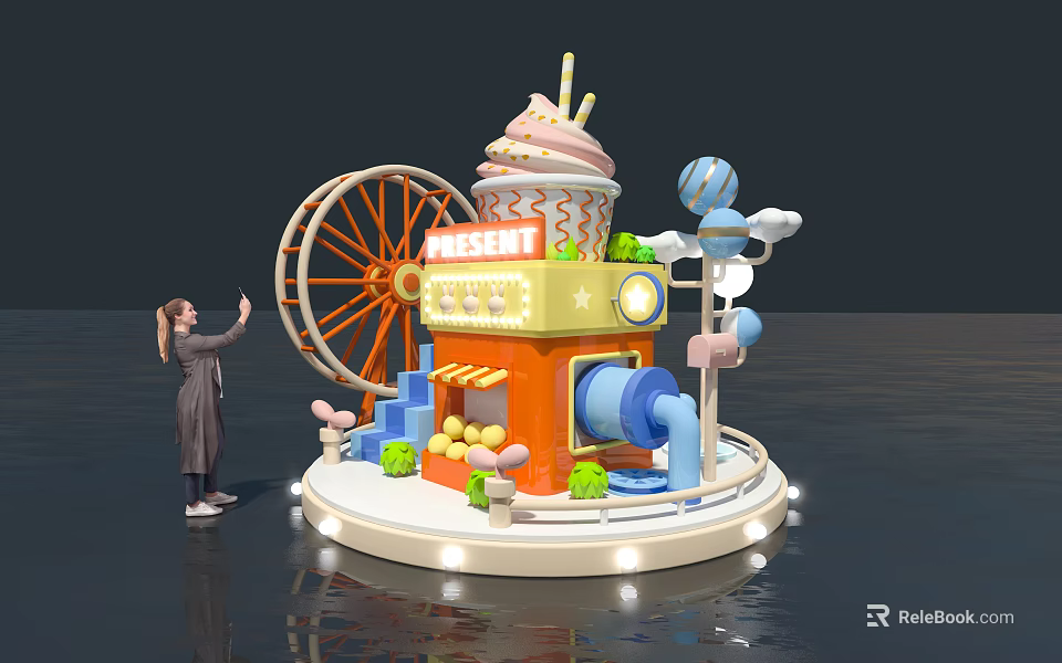 Colorful Ice Cream Cup Shaped Building With MESHTE Sign Ferris Wheel And Balloon Decorations 3d model 