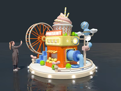 Colorful Ice Cream Cup Shaped Building With MESHTE Sign Ferris Wheel And Balloon Decorations 3d model