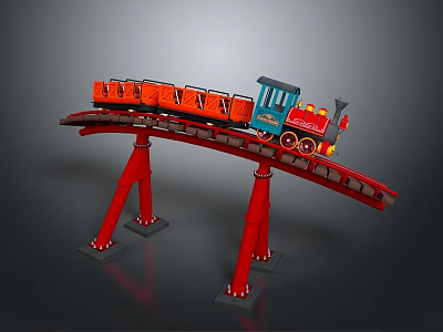 Toy Train With Red Carriages Blue Locomotive On Red Tracks And Supports 3d model