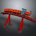 Toy Train With Red Carriages Blue Locomotive On Red Tracks And Supports