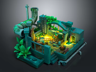 Cartoon Scene with Green Pipes Ladder Lush Plants Warm Lighting and Wooden Tables Chairs 3d model