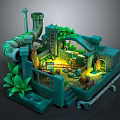 Cartoon Scene with Green Pipes Ladder Lush Plants Warm Lighting and Wooden Tables Chairs