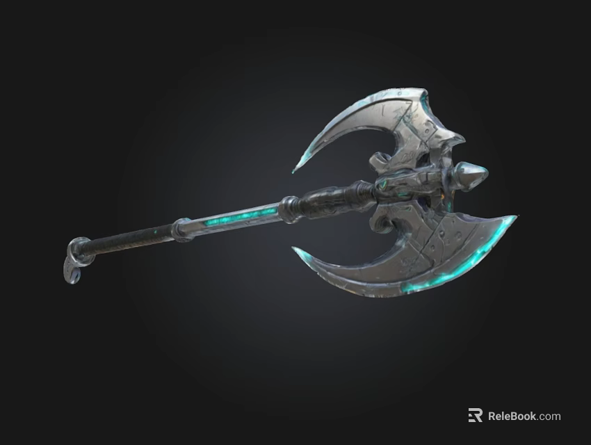 Detailed Double Bladed Axe With Metallic Body And Blue Glowing Edges 3d model 