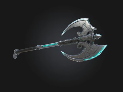 Detailed Double Bladed Axe With Metallic Body And Blue Glowing Edges 3d model