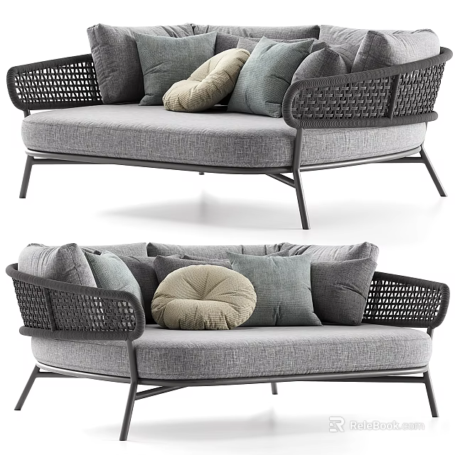Outdoor Sofa With Rattan Armrests Metal Frame Gray Cushions And Decorative Pillows 3d model 