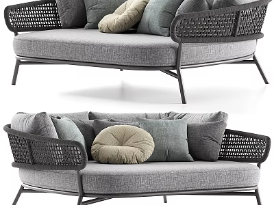 Outdoor Sofa With Rattan Armrests Metal Frame Gray Cushions And Decorative Pillows 3d model