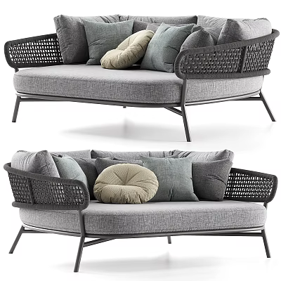 Outdoor Sofa With Rattan Armrests Metal Frame Gray Cushions And Decorative Pillows 3d model