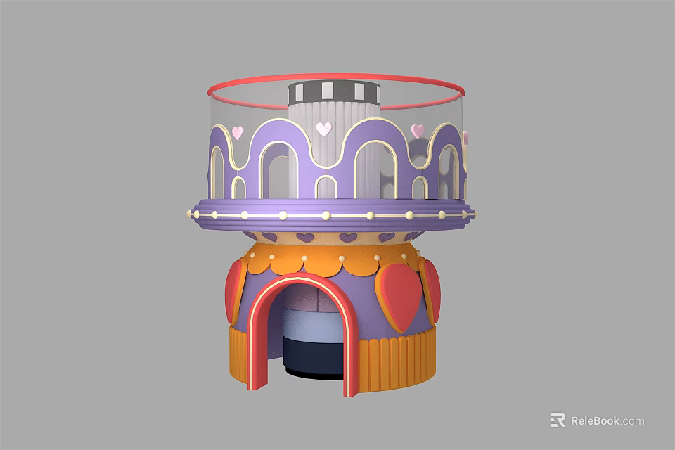Colorful Amusement Park Ride Structure With Purple Orange Heart Decorations Transparent Panels And Circular Design 3d model 