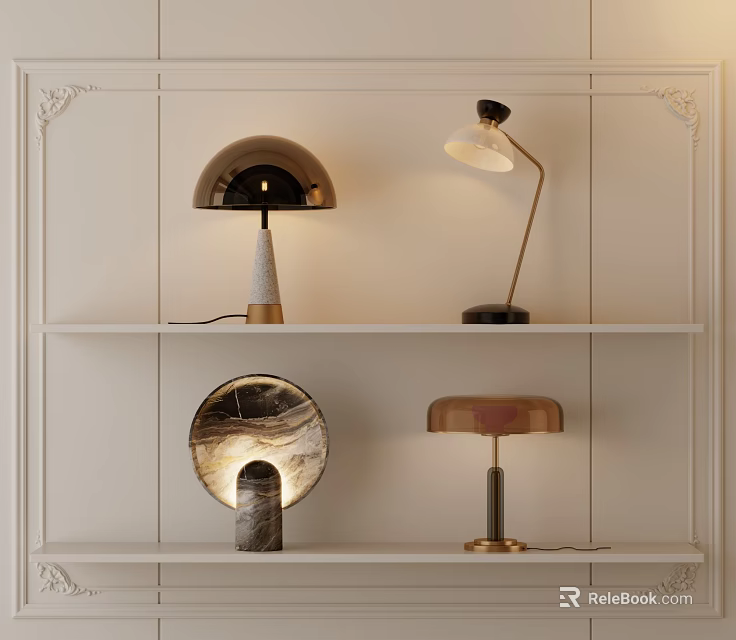 Stylish Modern Table Lamps on White Shelves With Unique Bases and Brass Accents 3d model 