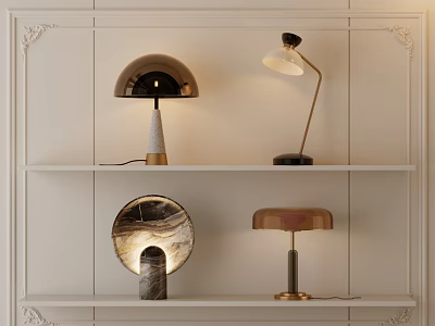Stylish Modern Table Lamps on White Shelves With Unique Bases and Brass Accents 3d model