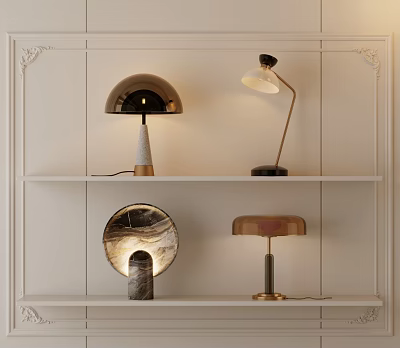Stylish Modern Table Lamps on White Shelves With Unique Bases and Brass Accents 3d model