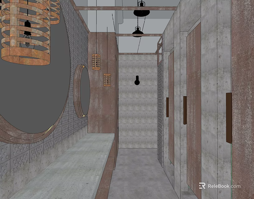 Public Restroom Interior With Metal Textured Doors Circular Mirrors And Industrial Lights 3d model 