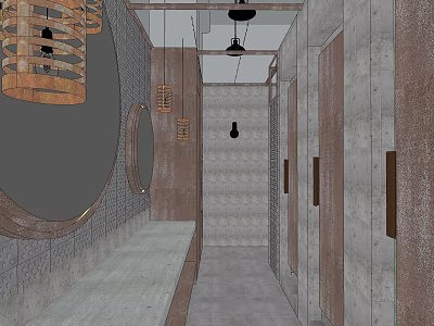 Public Restroom Interior With Metal Textured Doors Circular Mirrors And Industrial Lights 3d model