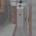 Public Restroom Interior With Metal Textured Doors Circular Mirrors And Industrial Lights