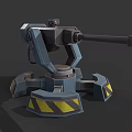 Mechanical Turret Weapon With Gray Blue Structure And Yellow Warning Stripes On Base